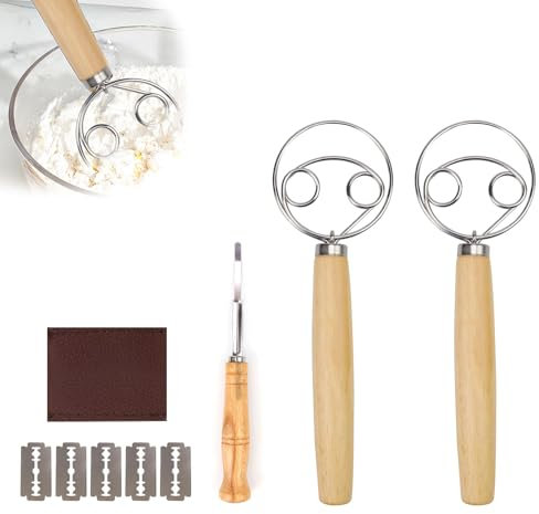 SHENGYIG Danish Dough Whisk, Set of 2 Danish Whisks, 24 cm, Small Double Circle Stainless Steel, with Bread Knife and Blade, for Baking Bread, Cake, Biscuits