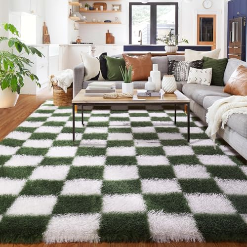 Teppich Kariert Wohnzimmer 240x300cm, Waschbarer Teppiche Schlafzimmer Olivgrün, Flauschig Hochflor Verliert Keine Haare Teppich Schachbrettmuster, Schachbrett Groß Carpet für Living Room