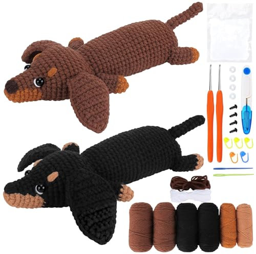 Häkelset für Anfänger, Häkeln Tier Kit Komplett Dackel Hund Häkeln mit Haken Nadeln, Garn und Schritt-für-Schritt Videoanleitungen, Häkelset Einsteiger Tier Set, Häkel-Starter-Kit Crochet Set für DIY
