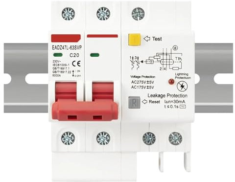 DAISHUJIE Disjoncteur Miniature Disjoncteur différentiel 2P 230V SPD avec Protection Contre Les surtensions, RCBO, RCCB, avec Protection Contre la Foudre, Protecteur de Fuite MCB(50A)