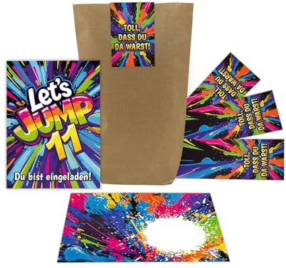 12 Einladungskarten zum 11. Kindergeburtstag Jump Party Mädchen Kinder Jungen coole bunte Einladungen elfte Geburtstag Geburtstagseinladungen Kids inkl. 12 Umschläge, 12 Tüten, 12 Aufkleber