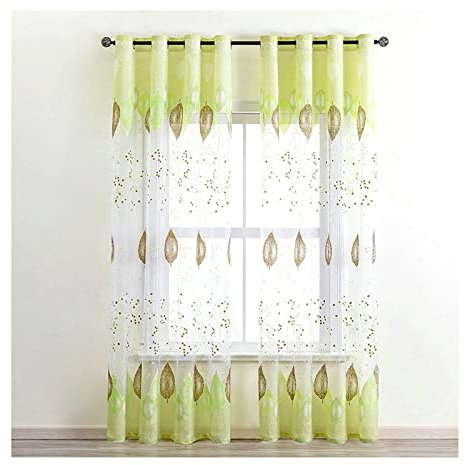 Grewod Voile Gardinen Vorhang Grün Blatt, 160x96cm(HxB), 2er Set, mit Ösen, Polyester Transparent für Wohnzimmer