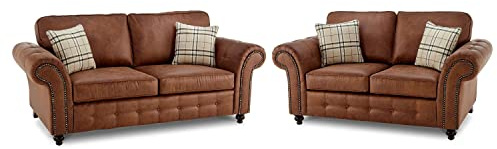 Germodify Oakland Faux Leather Sofa Set, 3-Seater and 2-Seater, Brown with Plaid Cushions, Tufted Design (3+2 SEATER)