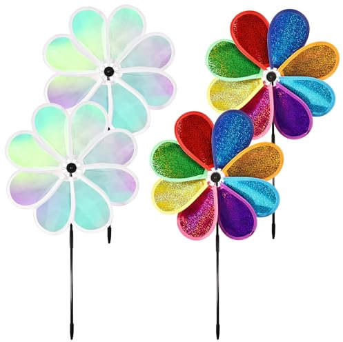 4 Stück Windspiel Blume Windrad 30cm,Reflektierende Windräder, Windräder Vogelabwehr,Regenbogen Sparkly Windmühle Spinner,Geeignet für Rasenwindmühle, Hof, Garten, Terrasse,Gartensäulendekoration