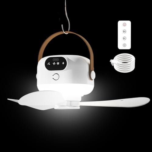 Ventilador de techo de camping | Refrigerador USB recargable, luz nocturna con mando a distancia y 3 velocidades ajustables para la ayuda al aire libre para caravanas dormitorios jardín jardín jardín