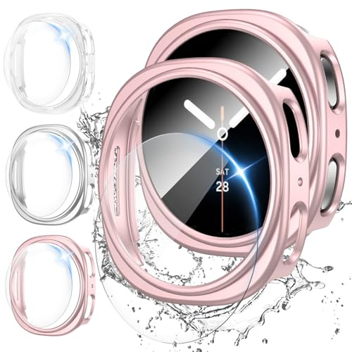 3 Stück Schutzhülle + 3 Stück Displayschutz für Samsung Galaxy Watch 8 Hülle (40mm)-Hart PC Bumper Hülle + HD Gehärtetes Glas Kratzfest DisplayFolie-Klar/Silber/Roségold