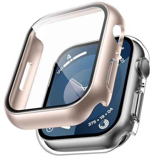 TAURI 2 Pack Hard Case Designed for Apple Watch Series 9/8/7 45mm [360° Shockproof] with 9H Tempered Glass Screen Protector, [Scratch-Resistant] Cover - Clear+Gold
