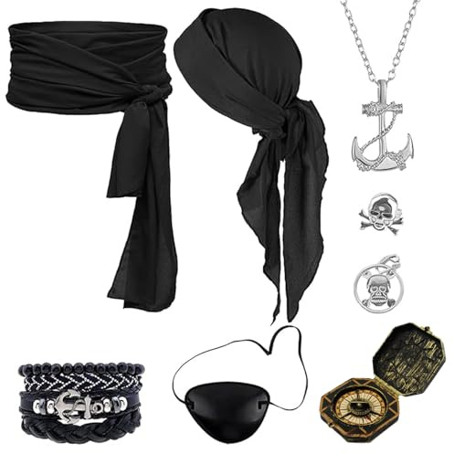 Mailfull 8 Stück Piraten Accessoires Set mit Kopftuch Hüfttuch Augenmaske Halskette Ohrringe Ring Armband Kompass Piratenkostüm Damen Herren für Halloween Karneval Piratenparty (Schwarz)