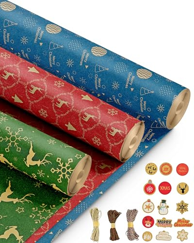 Kraft & Co – 3 Pack Kraft Christmas Wrapping Paper Rolls 69cm x 8m, Recycled & Eco-Friendly Gift Wrap with 15 Tags & 3-Color Twine, Christmas Wrap Tear-Resistant, Sustainable Packaging, Total 24m Rol