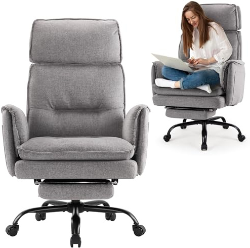 IWMH Ergonomischer Bürostuhl 227kg, XXL Stoff Chefsessel mit Fußstütze Schreibtischstuhl mit höhenverstellbare Kopfstütze,135° Neigefunktion,Drehstuhl Wippfunktion für Homeoffice,Gaming (Grau)