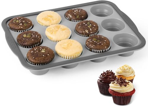 Alaoo Moule à Muffins, Silicone Cake 12 Cavités Anti-adhésif, Gris Clair | Moule Silicone Anti-adhésif Facile Démouler pour Brownies Pudding