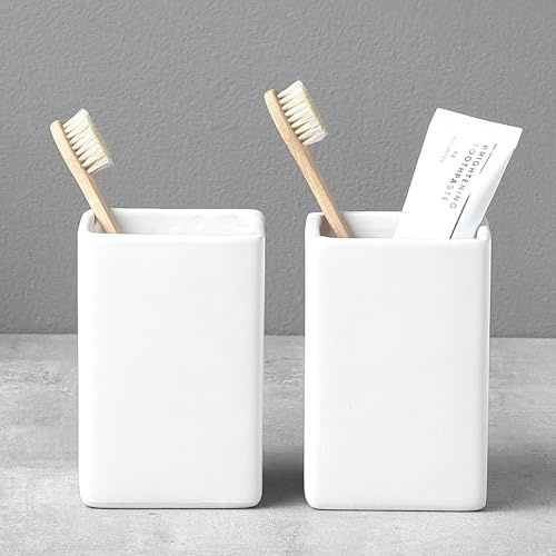 Zahnputzbecher Keramik Set,Quadratisch Zahnbürstenhalter für Elektrische Zahnbürste Zahnbürste und Zahnpasta, Kinder Toothbrush Holder, Zahnbürsten Badezimmer Organizer Weiß