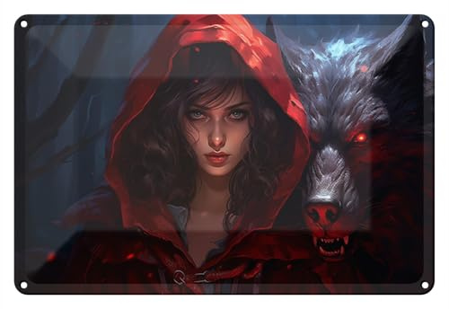 Wallario Blechschild Wandbild aus Metall Das Mädchen und der Wolf - 20 x 30 cm in Premium-Qualität: Brillante Farben