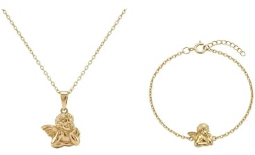 Suzan Gold® 375 Echtgold Schmuckset Damen Halskette Armband Engel Anhänger elegant wasserfest nickelfrei Geschenk Set Angelora Charm hochwertig