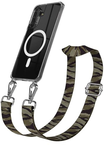 EAZY CASE Handykette - Verstellbares Taschenband kompatibel mit Galaxy A17, Schulterriemen, Handykordel mit Silikon Hülle, Qi Charging kompatibel, Umhängetasche, Grün Camouflage Silber