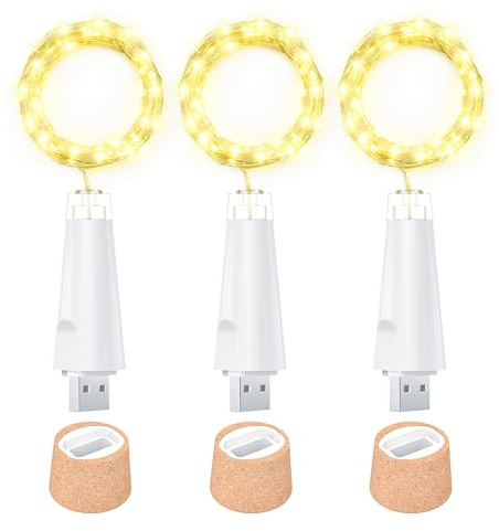 Ceepko USB Bottle Lights Rechargeable Wine Bottle Fairy Lights Cork LED String Lights 20 LEDs Copper Wire for Table Party DIY Decor(Warm White, 3 Pack)