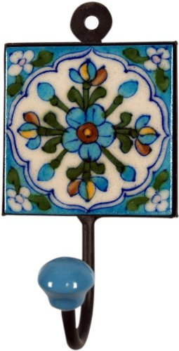 GURU SHOP Wandhaken, Garderobenhaken mit Handgefertigter Fliese, Kleiderhaken (8x8 cm) - Modell 4, Blau, Wandhaken aus Holz, Metall & Keramik