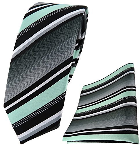 TigerTie - schmale Designer Krawatte Designer Einstecktuch in mint silber grau weiss gestreift