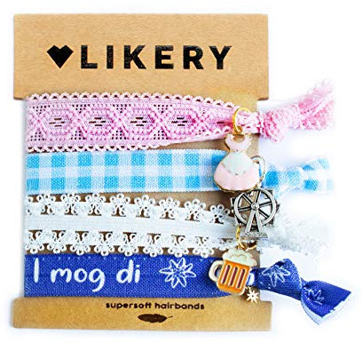 LIKERY Haargummis & Armbänder Set – Superweich – Oktoberfest Armband mit süßen Trachten-Anhängern – Rosa, Weiß, Blau – Geschenk für Frauen, Mädchen & Kinder – I mog di