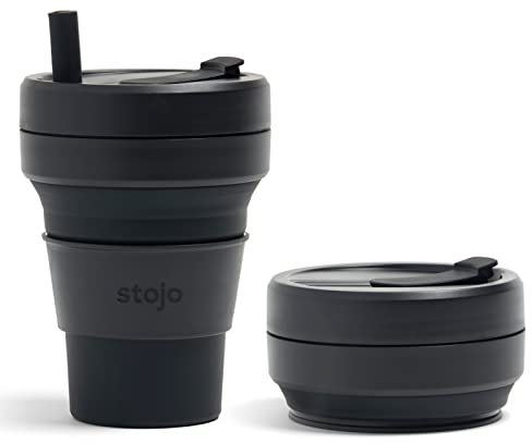 STOJO On-The-Go Biggie Collapsible Coffee Cup with Lid - 16oz / 473ml - Reusable & Foldable Silicone Travel Mug - Portable, Pocket Size - Dishwasher Safe - Ink Black