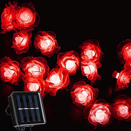 KEEDA Solar Lichterketten, 20 LED Rose Blume Lichterkette Wasserdichte dekorative Beleuchtung für Außen Patio Garten Hochzeit Weihnachten Party (Rot)