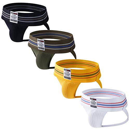 4PCS/PACK Sexy Mens Jock Strap Briefs Mens Athletic Jock Strap Underwear Briefs Athletic Supporter (as8, alpha, l, regular, regular, Black+White+Army green+Yellow)