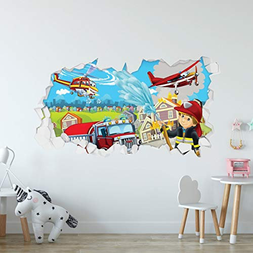 GRAVURZEILE Wandtattoo Kinderzimmer im Feuerwehr Design - Wandsticker Wandaufkleber - 3D Wanddurchbruch & Deko - Größe ca. 115 x 70 cm Farbe Feuerwehr V3