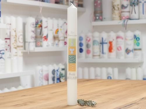 meinkerzenshop Kommunionkerze BENTE personalisiert mit Name und Datum, individuell und mit Echtwachs handverziert für Junge und Mädchen