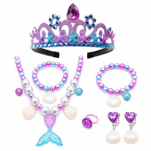 Keenjorika Prinzessinnen-Halsketten-Set für Mädchen, Armbänder, Ohr-Clips, Meerjungfrauenkronen-Anhänger, bunt, Kunststoff, Prinzessinnen-Party, Verkleidung, Rollenspiel, Weihnachtsgeschenk, 6 Stück