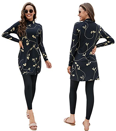Femmes Maillots de Bain Musulmans Islamique Modest Couverture Complète Burkini Manches Longues Haut Pantalon Natation été Tenue de Plage Maillots Rashguards 2 Pièce Noir - Fleuri L