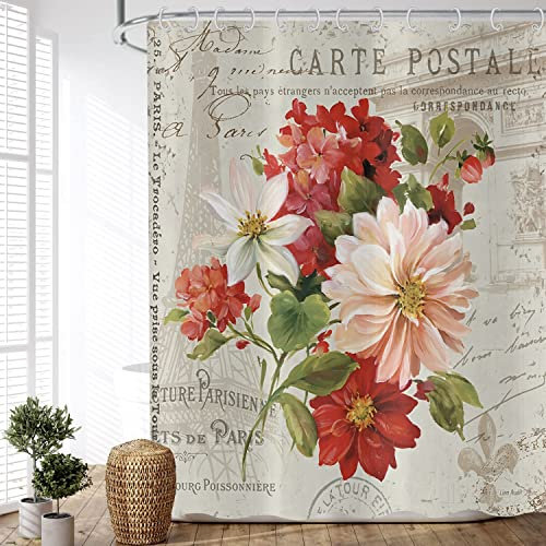 ASDCXZ Tenda da doccia con fiori vintage, 180 x 180 cm, retro sfondo rosa rosso e bianco, motivo floreale, impermeabile, in tessuto, lavabile, tenda da doccia con 12 tende da doccia Hake