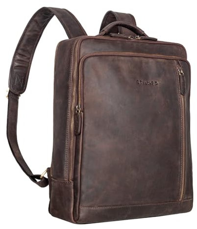 STILORD 'Kaleb' Laptop Backpack 15 Inch Leather Business Backpack Large Rucksack Bag with Trolley Attachment System Vintage Leather, Colour:Dark - Brown