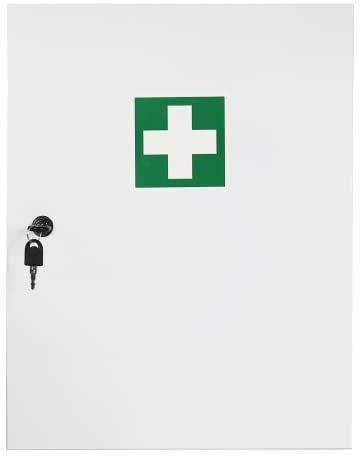 Erste Hilfe Verbandschrank mit DIN 13157:2021, Medizinschrank mit 3 Fächern + 3 Türfächer, Sicherheitsschloss – aus Metall mit Dichtung, 48,5 x 40 x 15 cm – robust, staubgeschützt & Platz für mehr