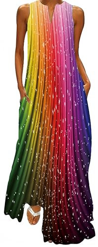 Ocean Plus Femmes Jupe Longue sans Manches Col V Robe Florale Imprimée Maxi Robe sans Manches avec Col en V (XXL, Couleur Arc-en-Ciel)