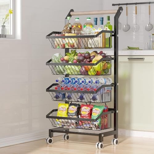 COVAODQ 4 Tier Fruit Basket Rolling Wire Vegetable Fruit Rack, Stackable Potato Onion Snacks Organizer Bin Basket with Wood Handle(Black), R3