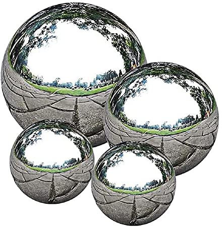 AAMEN Stainless Steel Gazing Balls Set of 4, Garden Ornaments Outdoor, Floating Ball Garden Decoration, Outdoor Mirrors Ball Gardens, Chrome Gazing Ball, Garden Decor (4, 4, 6, 8)