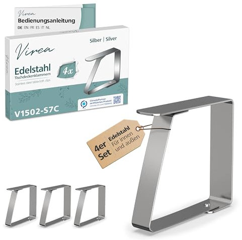 virea 4 x Tischtuchklammern Silber für Plattenstärke von 5cm - - Tischdeckenklammern aus Edelstahl für innen und außen - - Leicht abwaschbare Tischtuchklemmen - - Klemmen mit abgerundeten Kanten