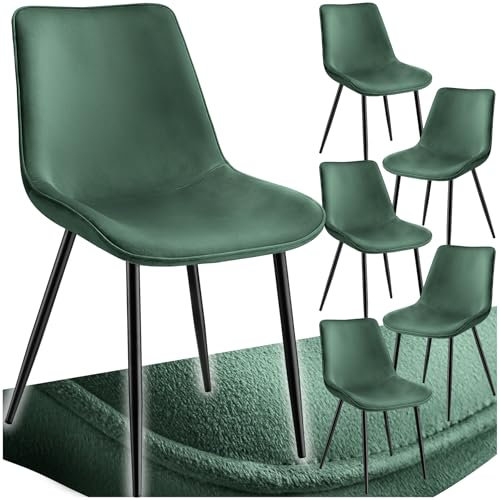 TecTake® Sillas de Comedor Aterciopeladas, Asientos Tapizados, Sillas de Cocina y Salón, Patas de Acero, Gran Capacidad de Carga, Montaje Sencillo, Versátil y Combinable - 6 Sillas Verde Oscuro