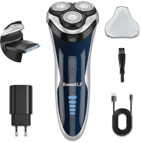 SweetLF Rasoir Electrique Rechargeable pour Homme (120 minutes de Rasage) Rasoir Etanche IPX7 Technologie Wet&Dry, Rasoir Rotatif 4D avec Tondeuse Pop-Up - Bleu