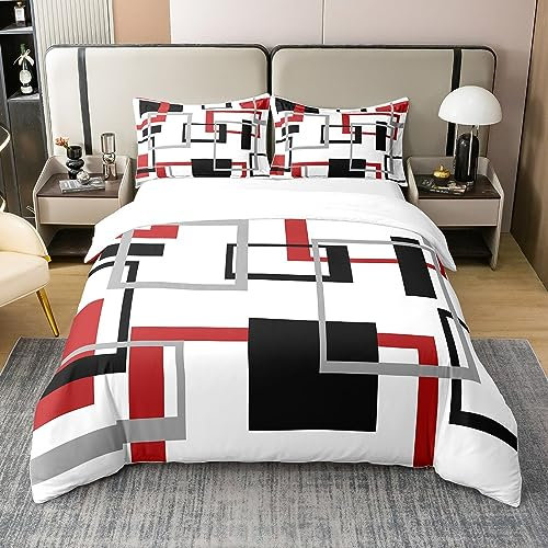 Housse de Couette Carrée en Coton 220x240, Rayures Blanches, Noires, Rouges et Grises, Ensemble de Literie À Carreaux Géométriques pour Hommes Femmes, Parures de Lit Modernes Créatives, Doux