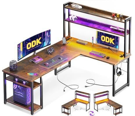 ODK Scrivania Gaming con LED, 168×120 cm Scrivania con Ripiano Reversibile, Scrivania ad L con Prese e Porte USB, Scrivania Gaming Marrone Vintage con Scomparti e Spazio di Archiviazione
