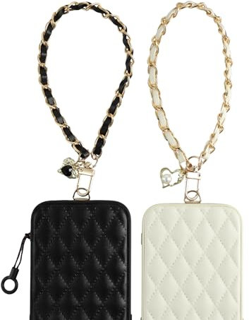 AHABIPERS Lanière de Dragonne à Main, Femmes Cuir et Métal Charme de Téléphone, Dragonnes de Poignet Sangle pour Téléphone Portable Caméra Clé USB Portefeuille - Noir&Blanc