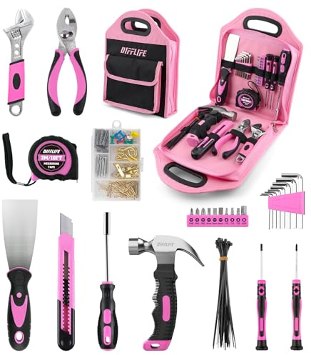 DIFFLIFE 157 Piece Pink Tool Set for Women, Lady's Home Repairing Tool Kit with 13-Inch Wide Mouth Open Storage Tool Bag