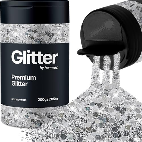 Hemway Premium Glitter Shaker - Silver | 210g Multi Size Metallic Flake Sequins for Resin & Epoxy Crafts | Craft Supplies for Tumblers, Festival, Hair, Face, Body, Eye & Nail Art