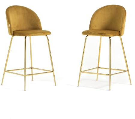 SIEDITI FUORI E DENTRO Set mit 2 Hockern Sara XL gepolstert aus Samt für Küche/Theke/Esszimmer mit Metallbeinen Höhe 65 cm (Senf-Samt, goldene Beine)