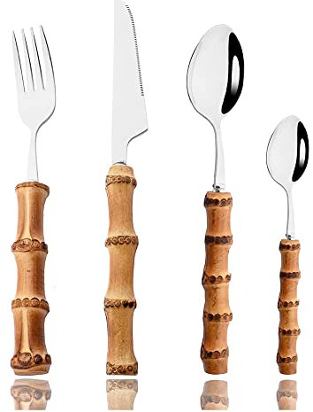 Ensembles de couverts en bambou 48 pièces, ensembles d'argenterie en bambou pour 12 personnes, ensembles de couverts à manche en bambou naturel, cuillères et fourchettes pour la maison et la cuisine,