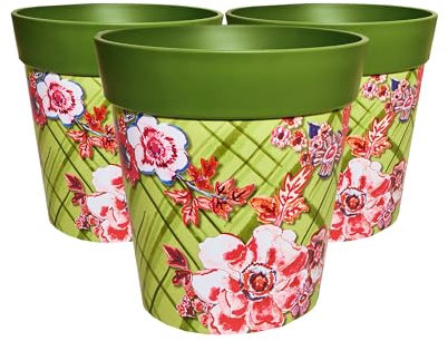 Hum Flowerpots, 25cm Set of 3, Various Patterns Colours and Sizes, Indoor/Outdoor Plastic Plant Pots (Green Floral Trellis)