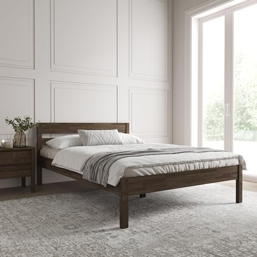 Hansales Holzbett 140x200cm Kaja Farbe Wenge Holzbett mit Kofpteil, Bettgestell ohne Rollrost, Doppelbett aus massivem FSC® Birkenholz, Bettrahmen belastbar bis 350kg mit Öl beschichtet