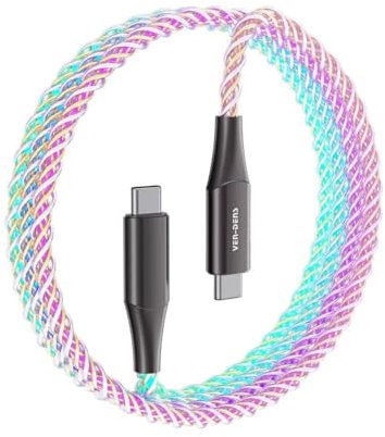VEN-DENS Light Up USB C to USB C Charger Cable, with 60W Fast Charging, RGB Lighting, Durable Braided USB C Charger Cable for Samsung Ultra/Fold/Galaxy/Pro/Tablets/Mac/iPad