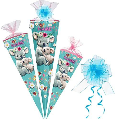 alles-meine.de GmbH Schultüte - mit 3D Stoff - Blüten & Glitzer ! - süße Koala Familie - 35-85 cm - Größe wählbar - inkl. Name + Tüll Schleife - Zuckertüte - Tüllabschluß - Fil..
